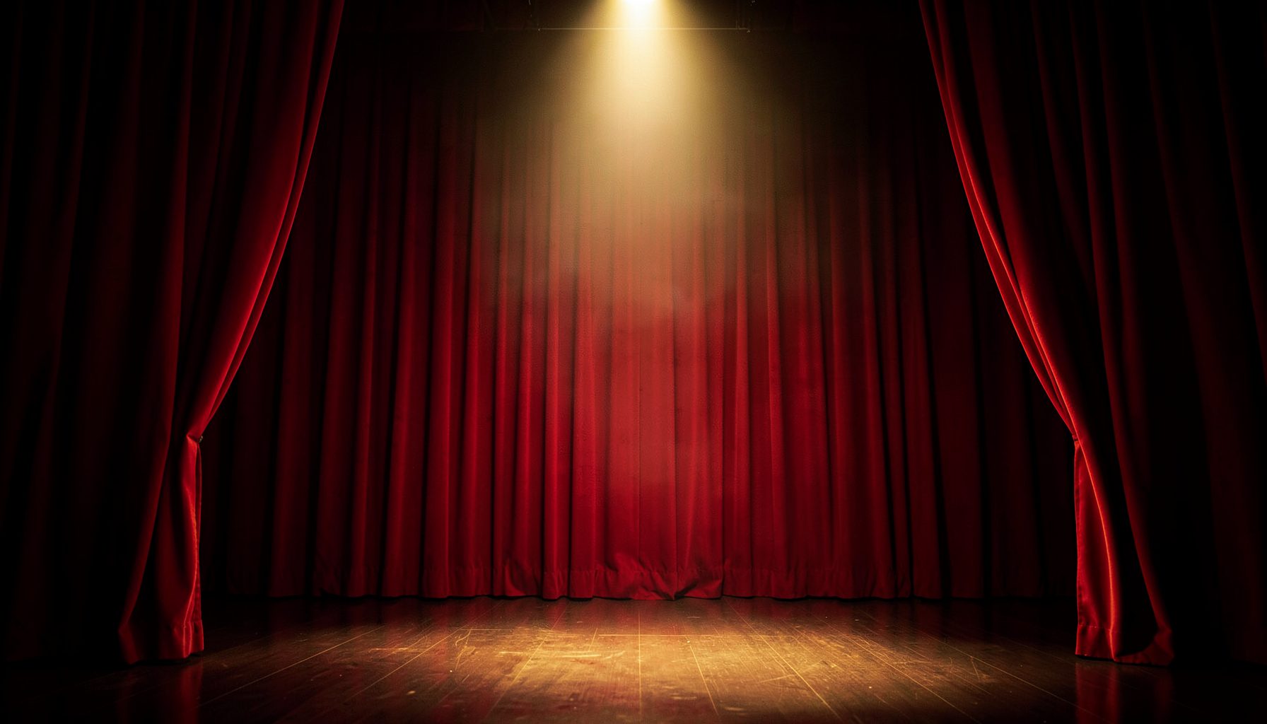 Escenario teatral con cortinas rojas y un foco cenital, atmósfera dramática y vibrante, tonos carmesí y dorado