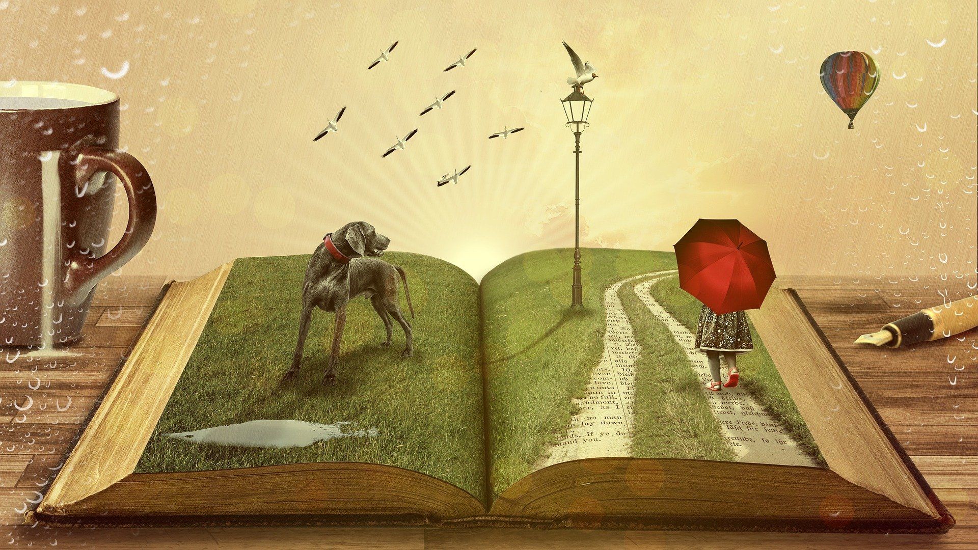 Libro abierto con un paisaje de ensueño brotando de sus páginas, con árboles, farola y figuras diminutas