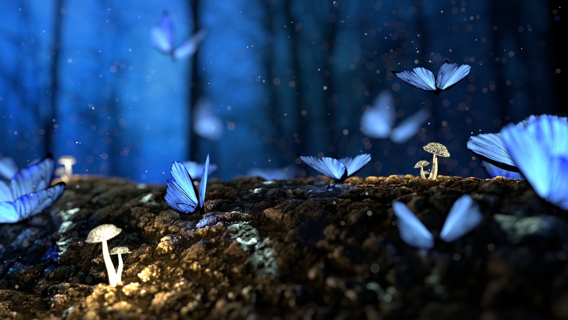 Bosque azulado de ensueño con setas luminosas y mariposas brillantes flotando sobre corteza musgosa