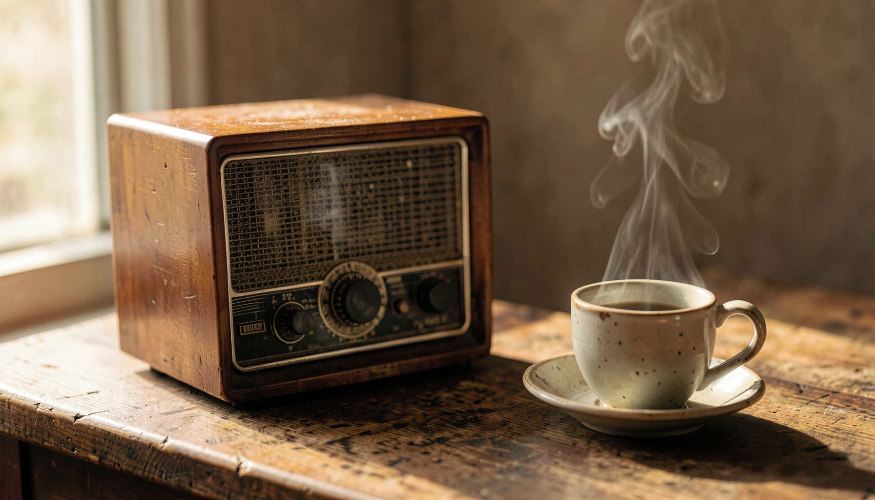 Radio antigua de madera sobre una mesa junto a una taza humeante, luz matinal suave, tonos cálidos y nostálgicos