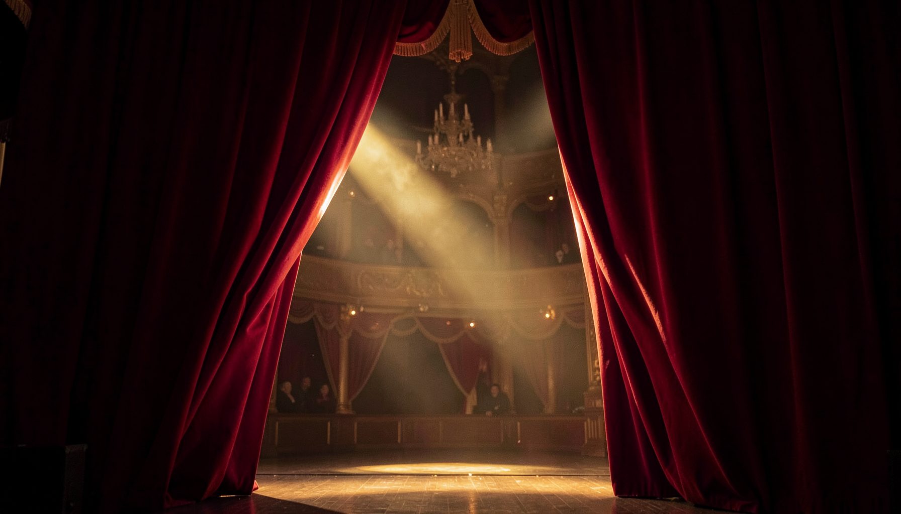 Telón de terciopelo rojo entreabierto con un haz de luz dorada, atmósfera de teatro de ópera, tonos burdeos y dorado